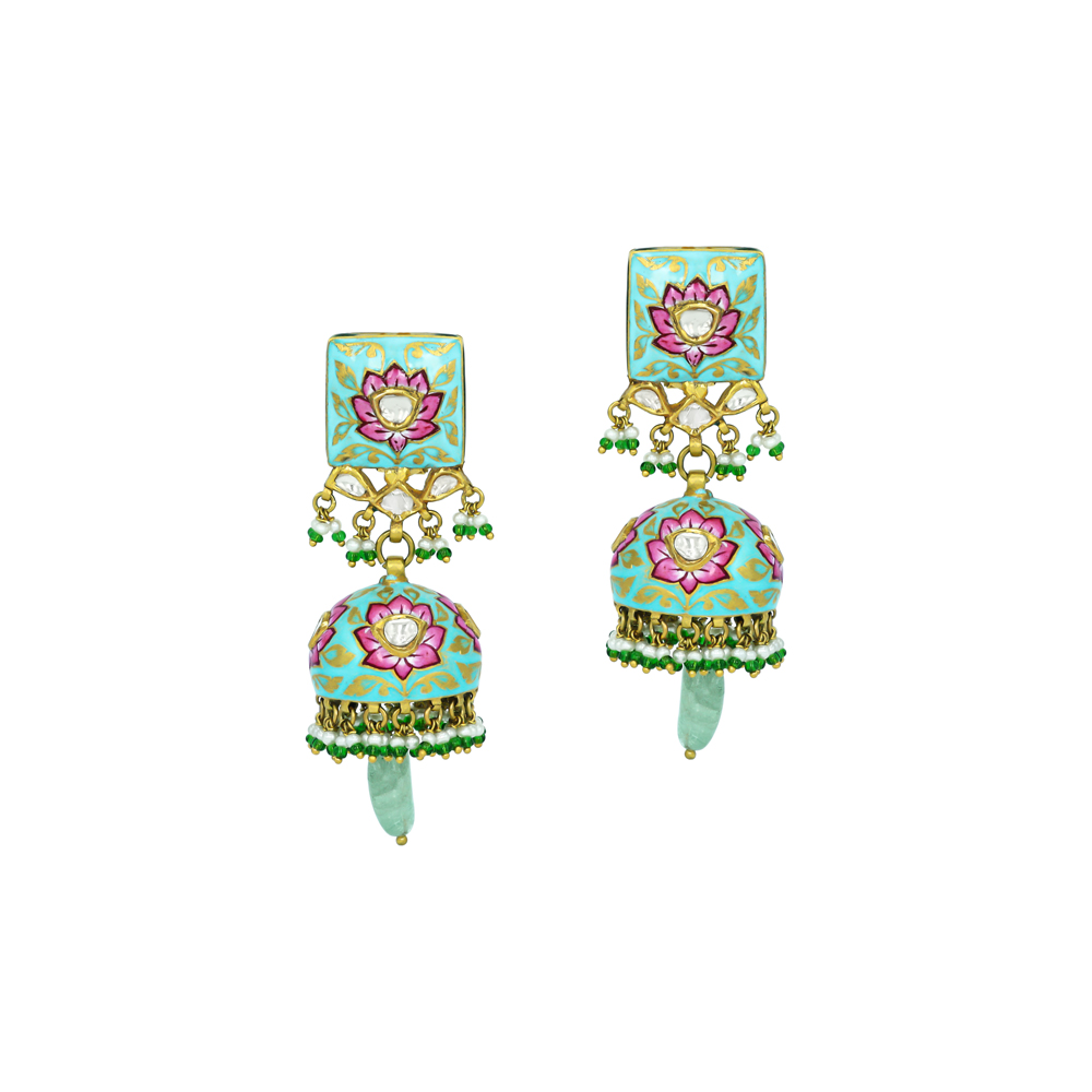 Lotus Enamel Jhumkas with Polkis and Russian Emerald Drops